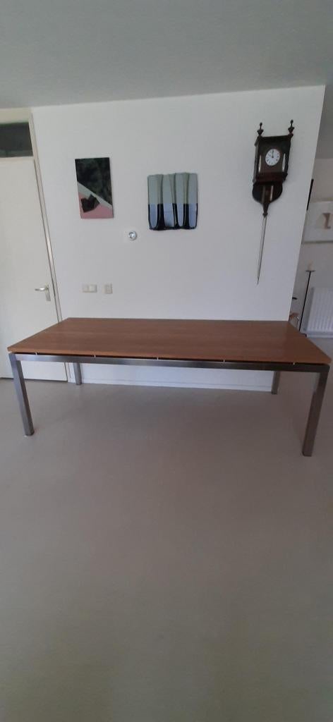 Eettafel van teakhout en rvs (220cm x 100cm), Ophalen, Teakhout, 75 cm of meer, 200 cm of meer