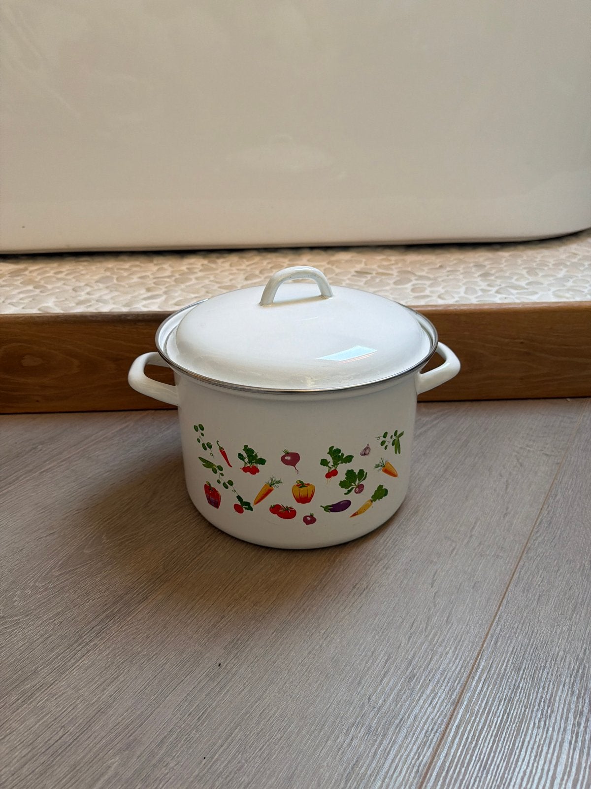 Emaille kookpan met groenteprint en deksel, Gebruikt, Met deksel, Ophalen of Verzenden, Kookpan