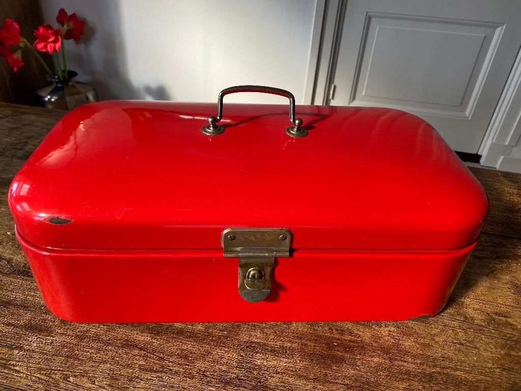 Brocante emaille broodtrommel rood, Ophalen of Verzenden