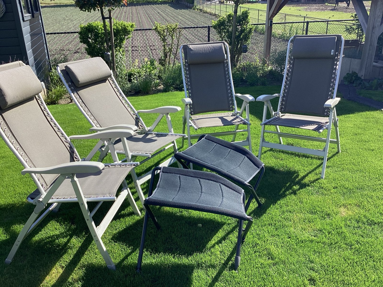 4 Campingstoelen met voetenbankjes, Ophalen, Zo goed als nieuw, Campingstoel