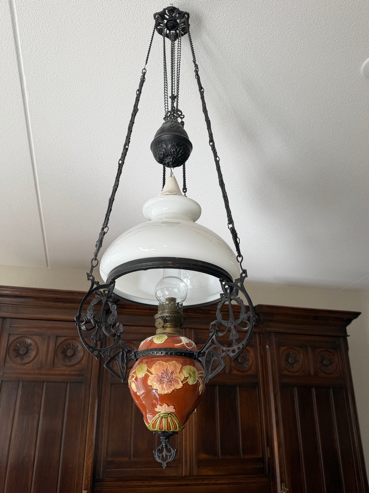 Antieke olielamp / hanglamp met bloemmotief, Ophalen