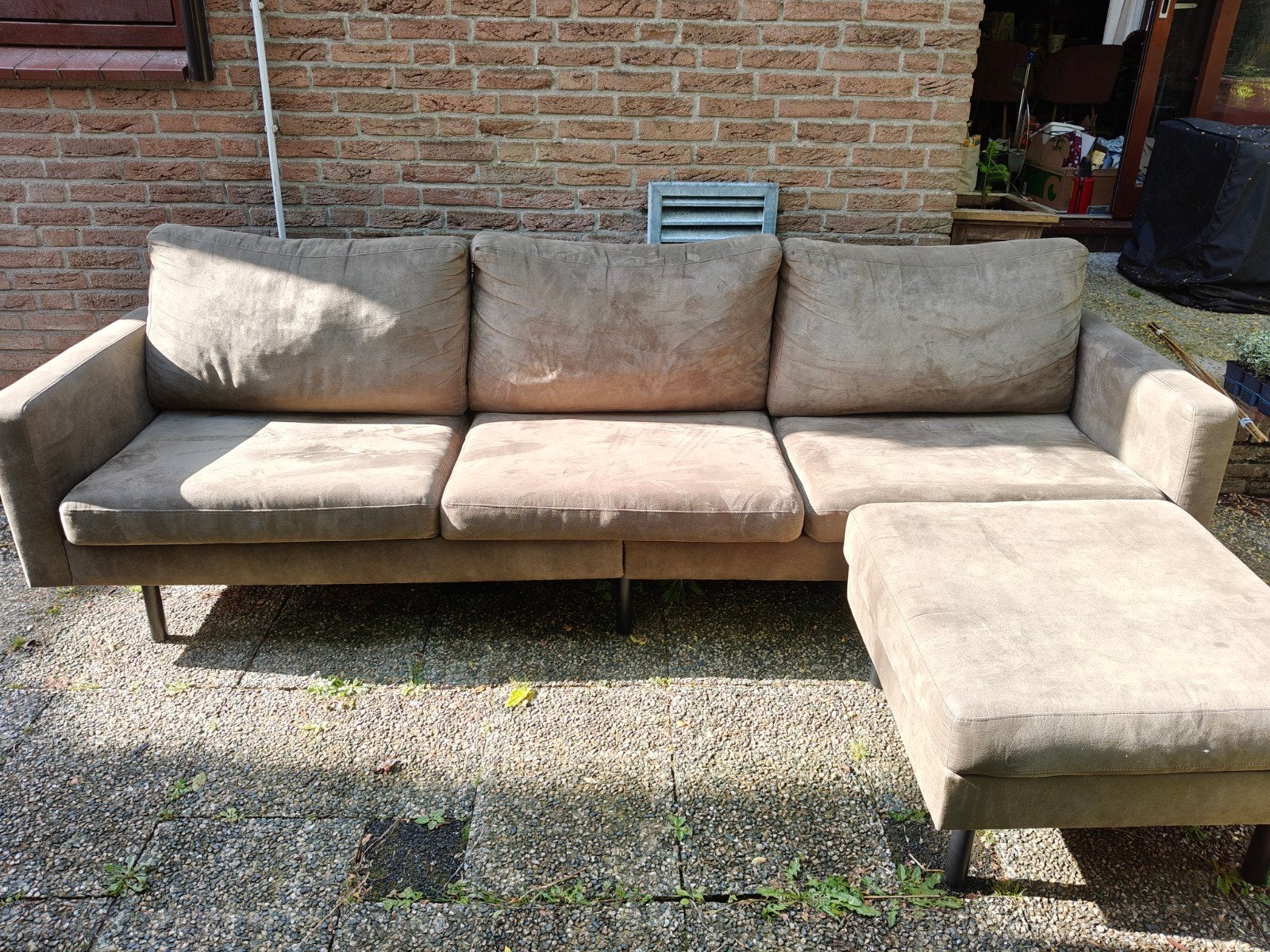 Comfortabele 3-zitsbank met poef - Olijfgroen, Huis en Inrichting, Banken | Bankstellen, Ophalen, 250 tot 300 cm, Gebruikt, 100 tot 125 cm