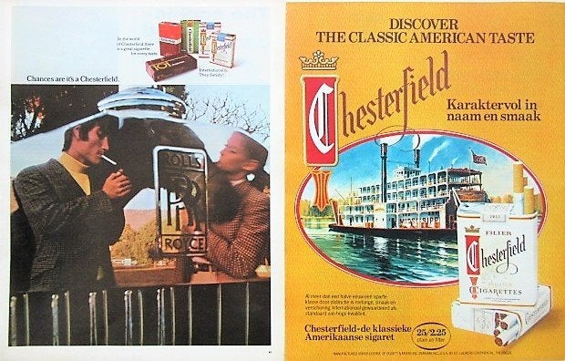 3 vintage advertenties reclames Chesterfield sigaretten 69-5, Ophalen of Verzenden, Gebruikt, Sigarenbandjes
