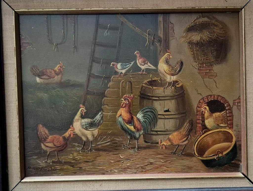 Kippen en duiven in schuur paneel 25x20 P. Korfmaker, Ophalen of Verzenden
