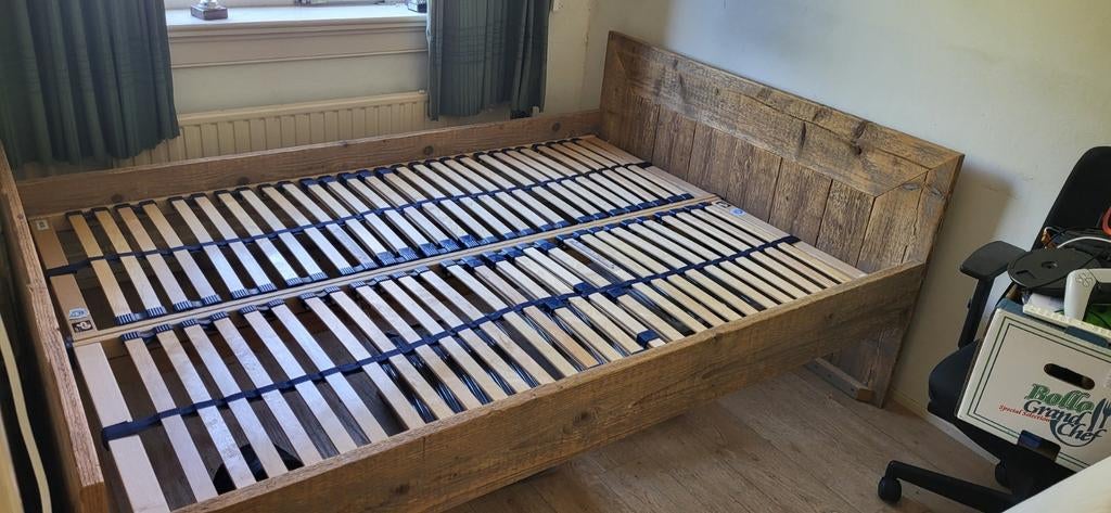 Steigerhouten twijfelaar bed 140x200 incl. lattenbodem, Huis en Inrichting, Slaapkamer | Bedden, Ophalen, Gebruikt, Bruin, Steigerhout