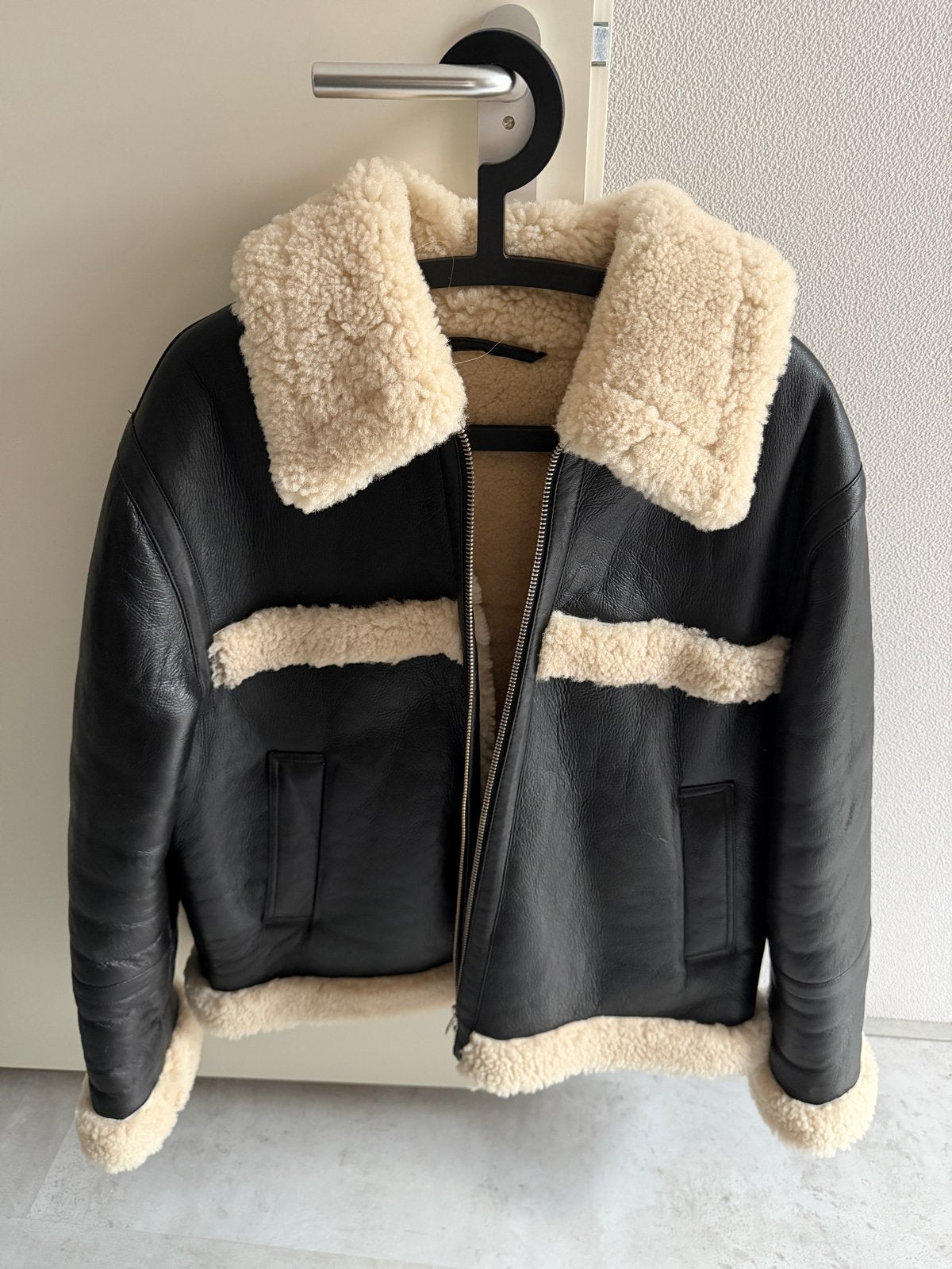 H&M Atelier Leren Shearling Jas Zwart Maat L, Ophalen of Verzenden, Zo goed als nieuw, Zwart