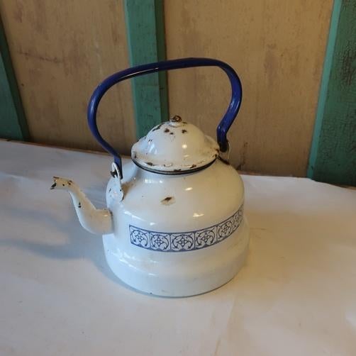 Waterketel emaille theepot wit blauw Ø 20 cm hoogte 27 cm, Ophalen of Verzenden