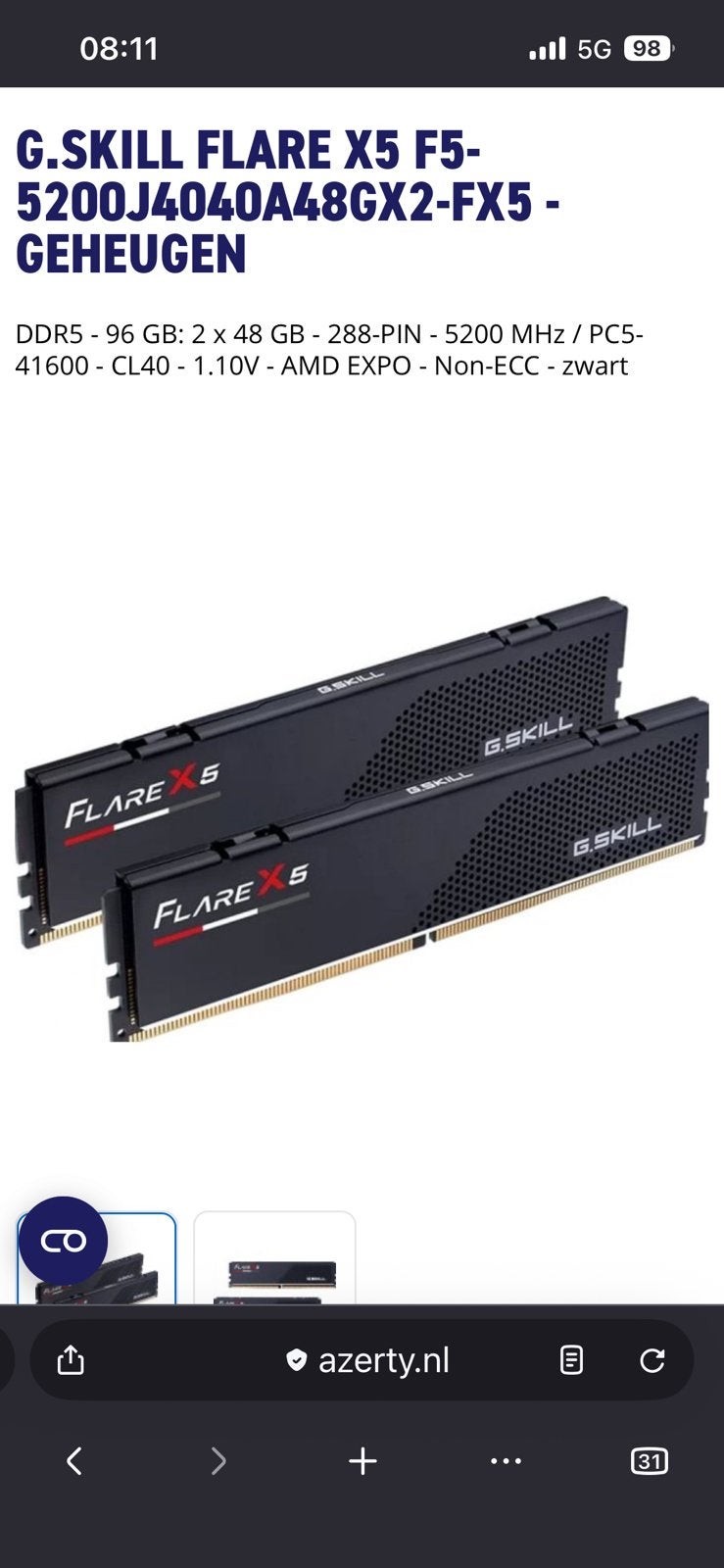 96gb DDR5 G.Skill Flare X5 F5-5200J4040A48GX2-FX5, Computers en Software, RAM geheugen, Ophalen, DDR5, Desktop, 1 GB of minder