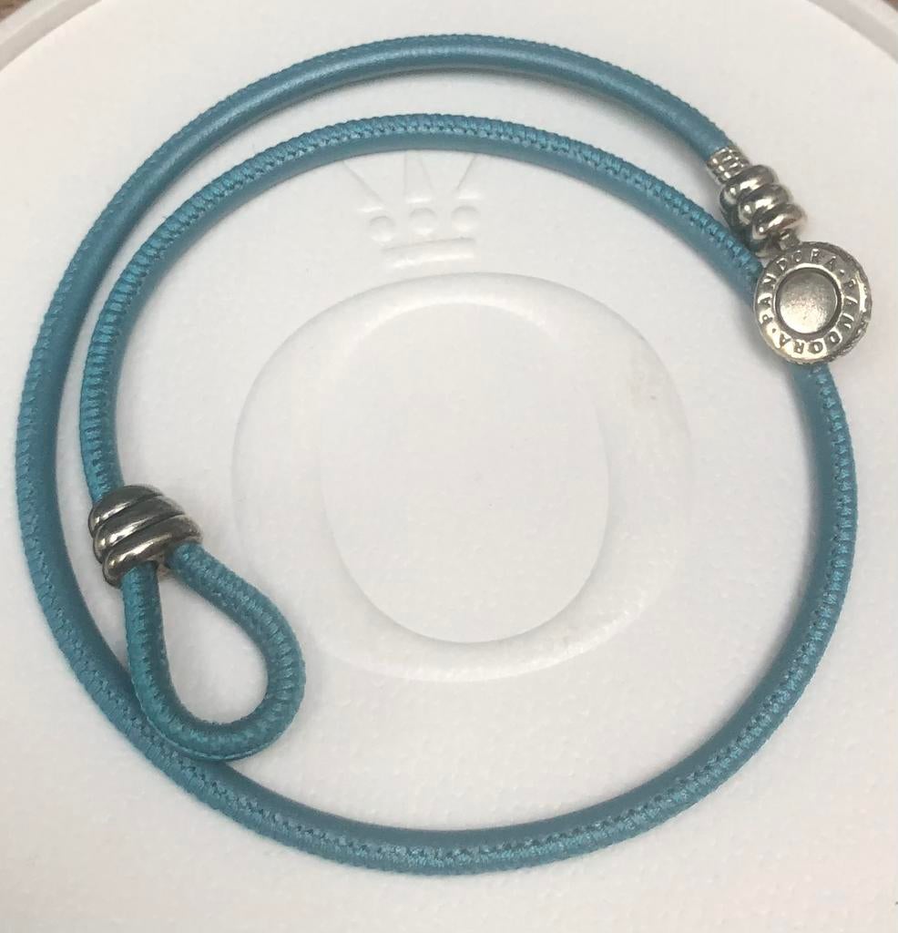 Pandora dubbele turquoise armband, leer en zilver 34,5 cm, Ophalen, Zo goed als nieuw, Zilver