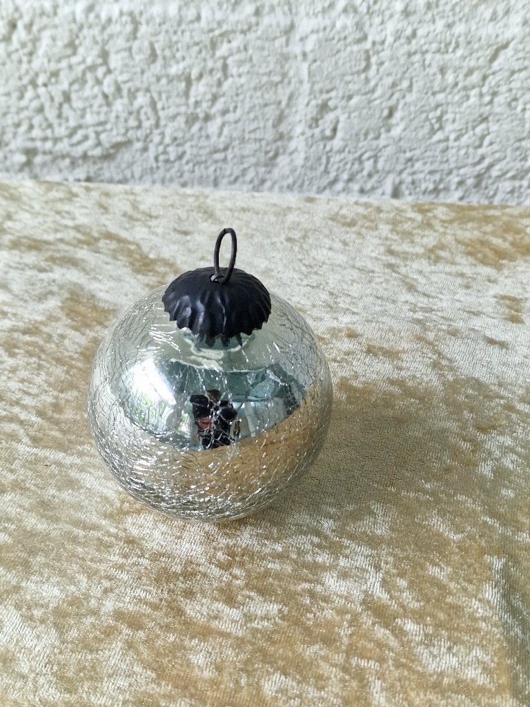 Vintage Crackle Glass Kerstbal Zilver Spiegelglas, Diversen, Kerst, Ophalen of Verzenden