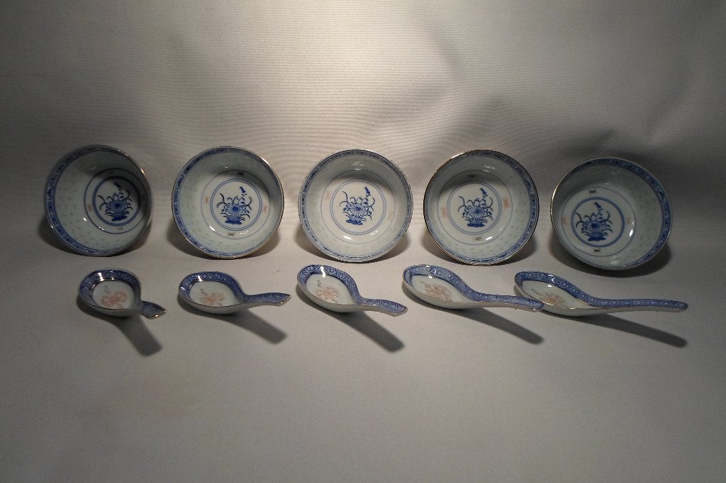 Chinese Kommen met Lepels Rijstkorrels 5 Stuks, Antiek en Kunst, Ophalen of Verzenden