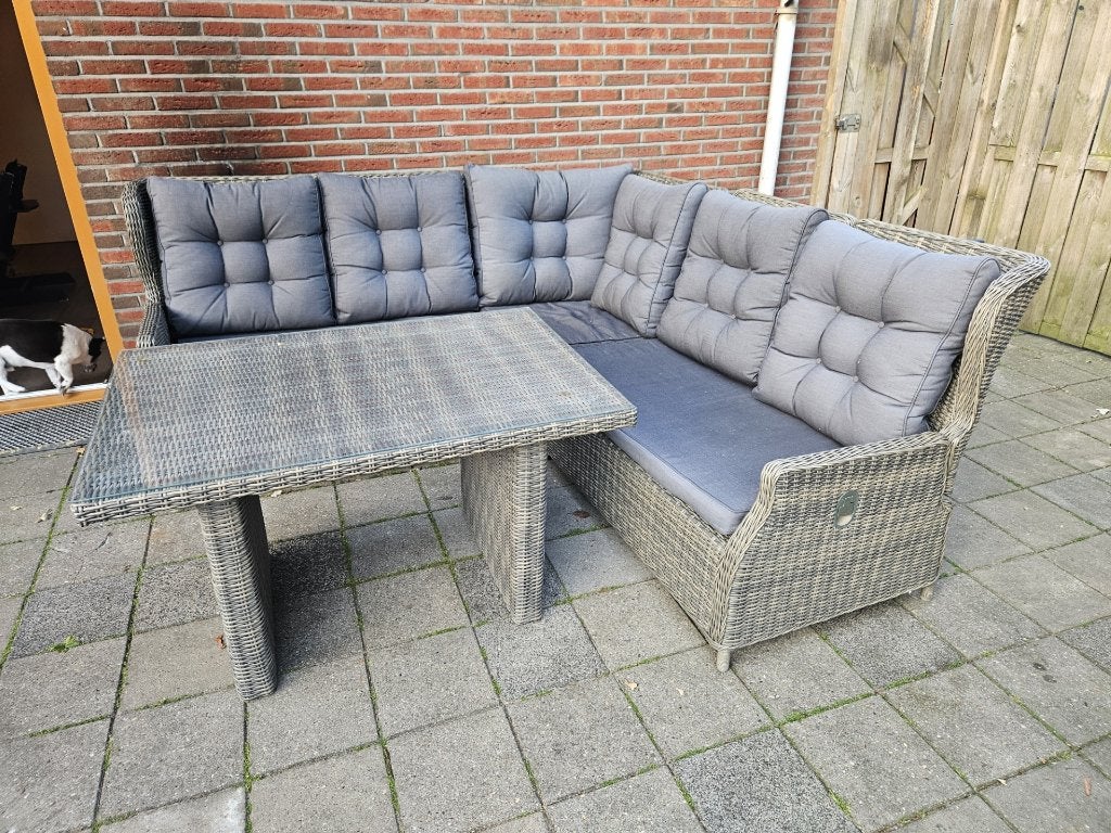 Loungeset tuinset met verstelbare rugleuning en tafel, Ophalen, 5 zitplaatsen, Zo goed als nieuw, Loungeset