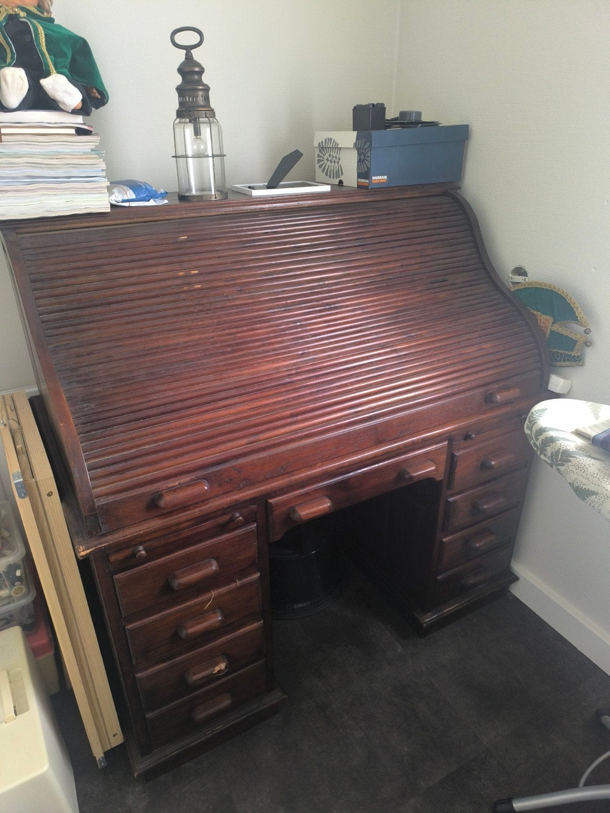 Antiek rolluikbureau (secretaire) van donker eikenhout, Ophalen, Met lades, Gebruikt, Hout