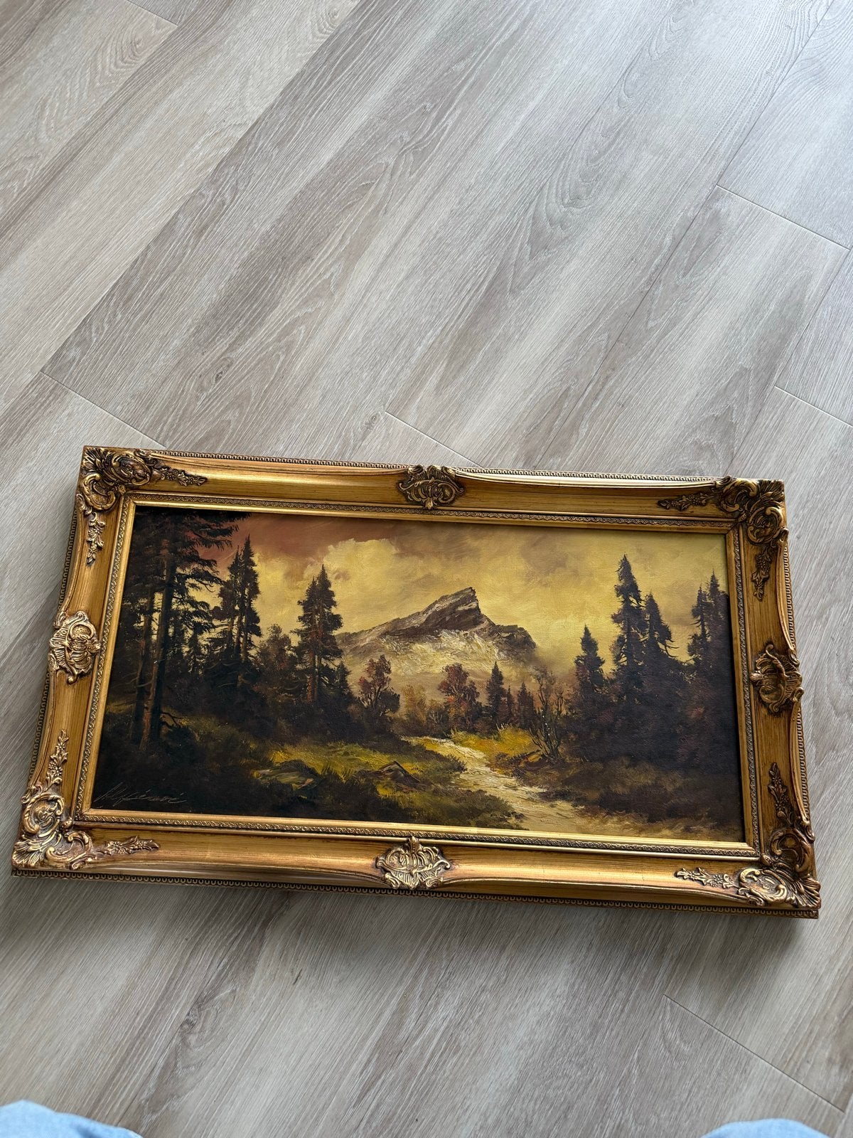 Schilderij berglandschap met gouden lijst, Antiek en Kunst, Kunst | Schilderijen | Klassiek, Ophalen, Doek, Realistisch, Bijzondere lijst
