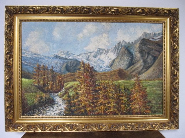 Groot schilderij berglandschap met mooie lijst 106cm x75,5cm, Ophalen, Doek, Landschap, Olieverf