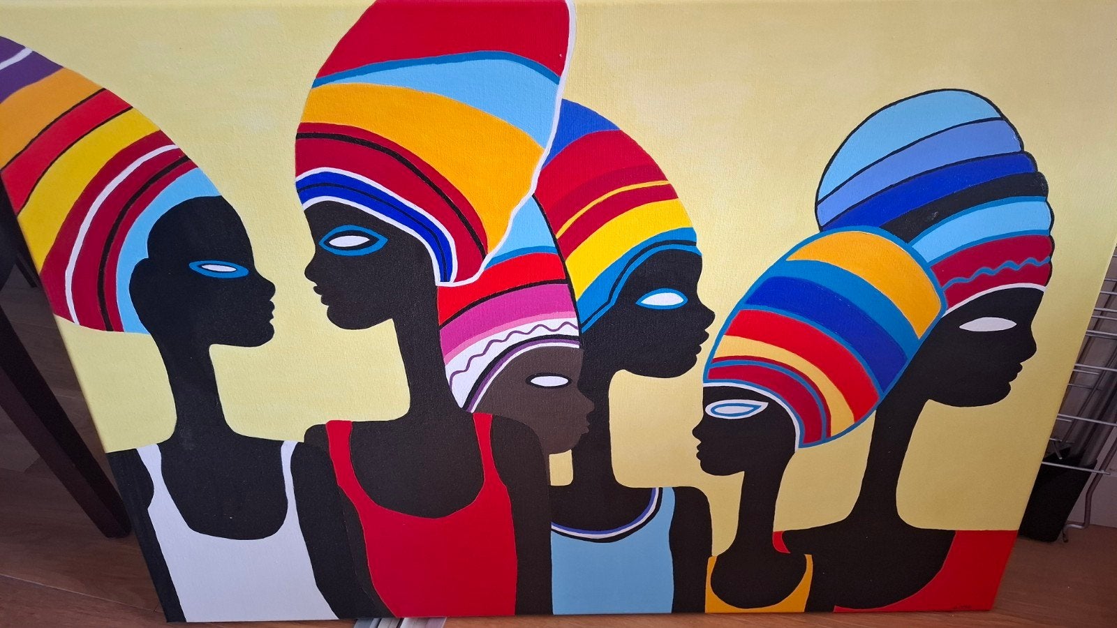 Kleurrijk schilderij van Afrikaanse vrouwen, Ophalen, Op houten frame, Textiel, Figuren