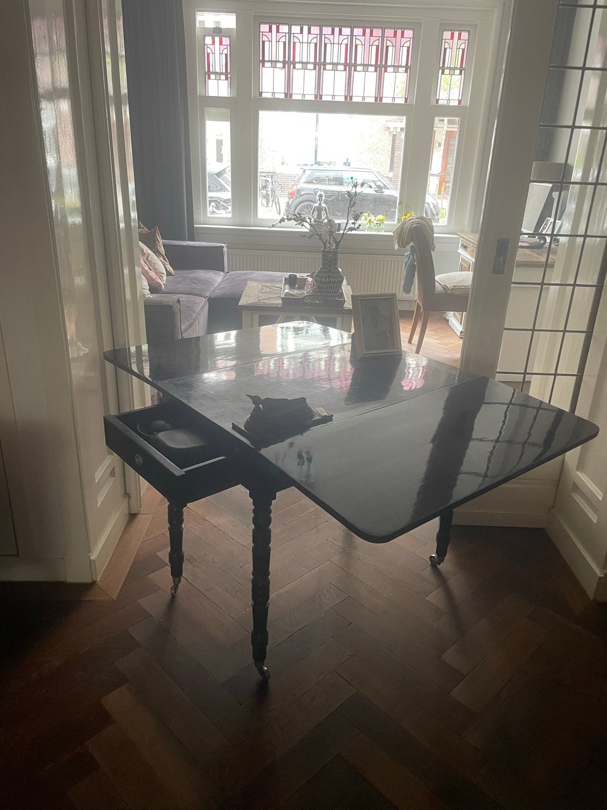 Klassieke Zwart Hoogglans Kaarttafel - Gerestyled & Verrijdb, Huis en Inrichting, Tafels | Eettafels, Ophalen, 100 tot 150 cm