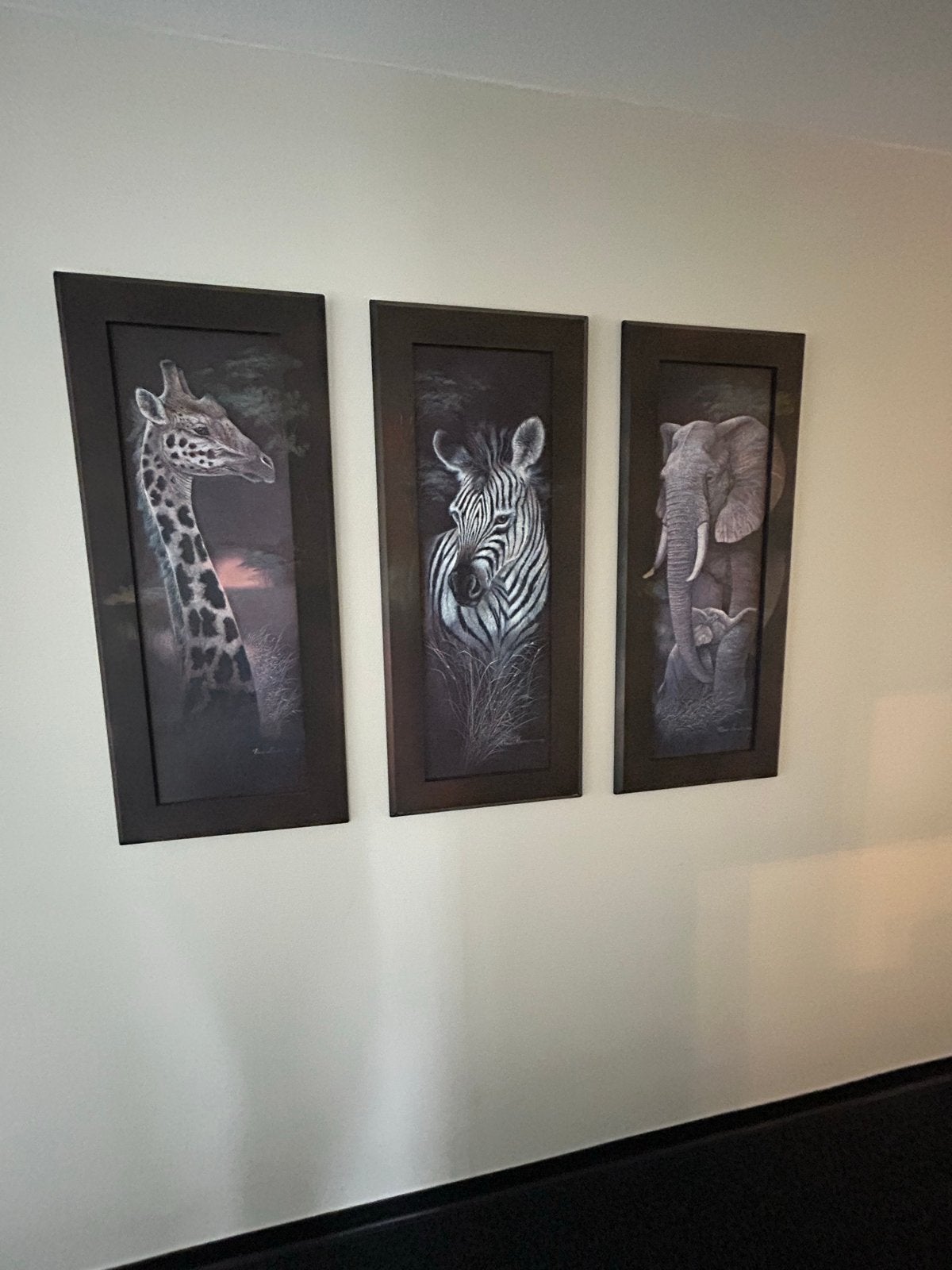 Drieluik Schilderijen: Wilde Dieren (Giraf, Zebra, Olifant), Ophalen, Op houten frame, Dieren