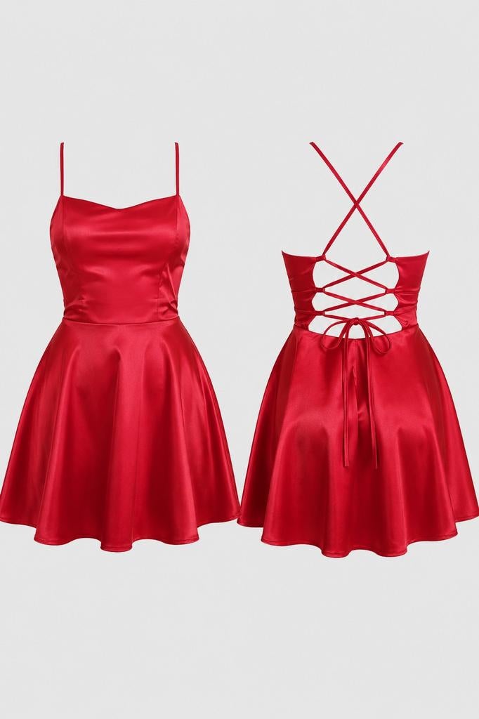 Rode feestjurk met verstelbare linten - Maat M, Kleding | Dames, Maat 38/40 (M), Ophalen of Verzenden, Zo goed als nieuw, Boven de knie