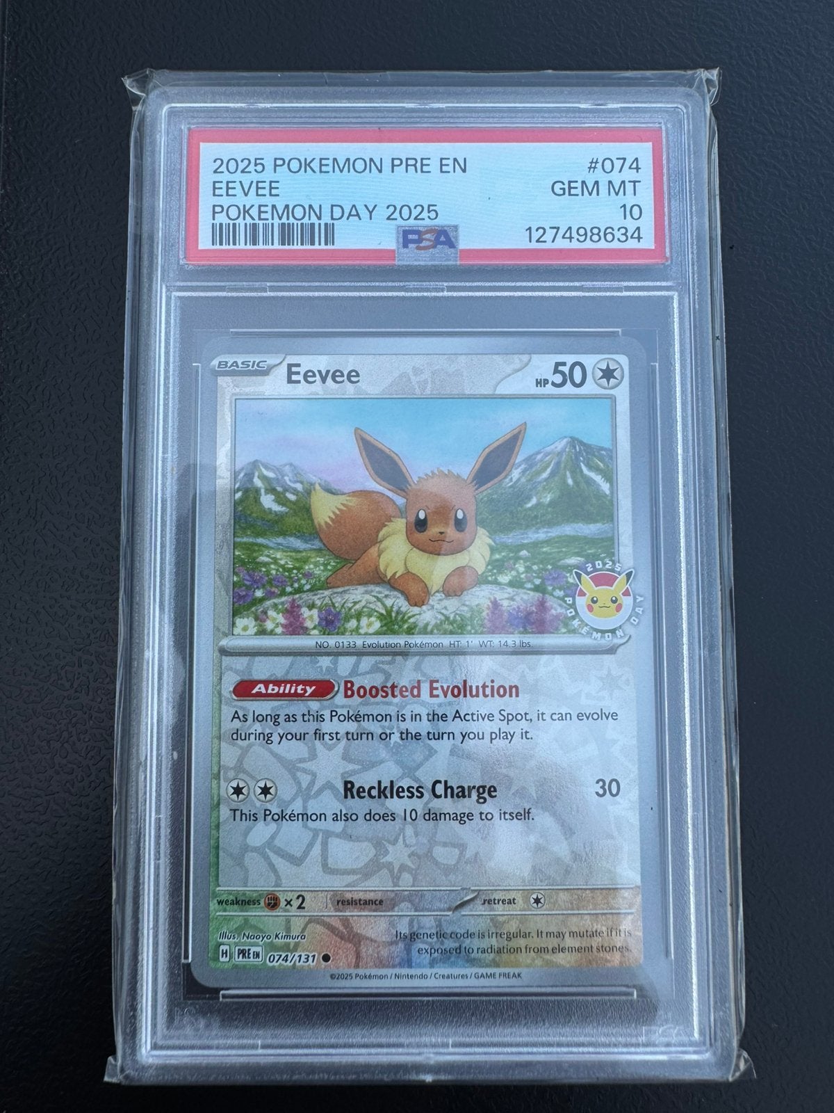 Pokemon Eevee Pokemon Day 2025 PSA 10, Ophalen of Verzenden, Zo goed als nieuw, Losse kaart, Foil