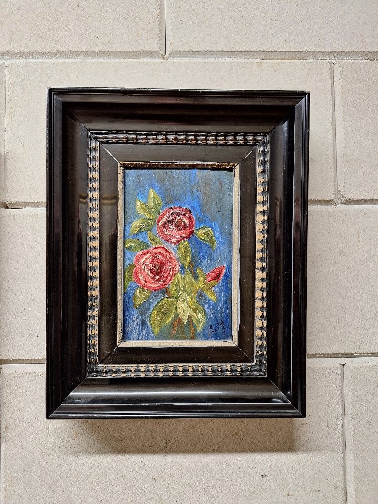 Schilderij met rozen in lijst, Paneel, Realistisch, Ophalen of Verzenden, Olieverf