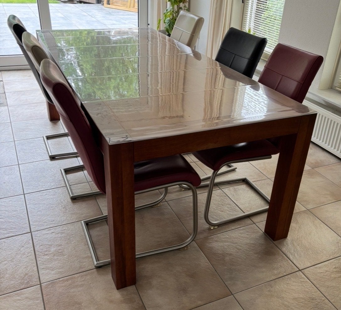 Houten eettafel met 6 leren stoelen, eethoek 220 x 100 cm, Ophalen, Gebruikt, 200 cm of meer, 50 tot 100 cm