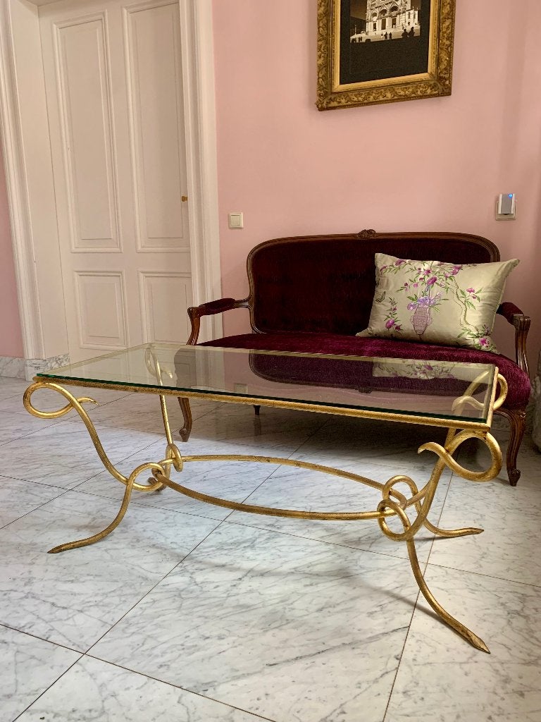 Jaren 40 Rene Drouet vergulde smeedijzer salontafel, Ophalen, 50 – 75, Gebruikt, 100 tot 150 cm