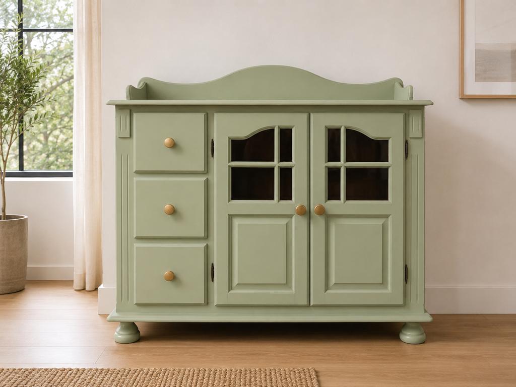 Mintgroen (kaki) dressoir kastje met lades en deuren, Huis en Inrichting, Kasten | Dressoirs, Ophalen, Zo goed als nieuw, 25 tot 50 cm