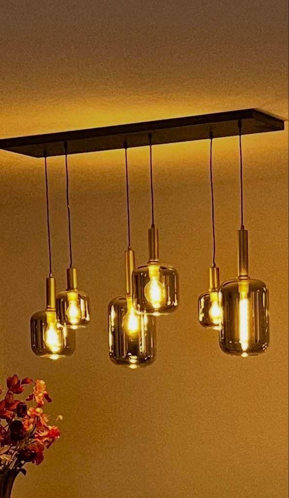 Hanglamp met 6 glazen kappen, Huis en Inrichting, Ophalen, Gebruikt, Glas, 50 tot 75 cm