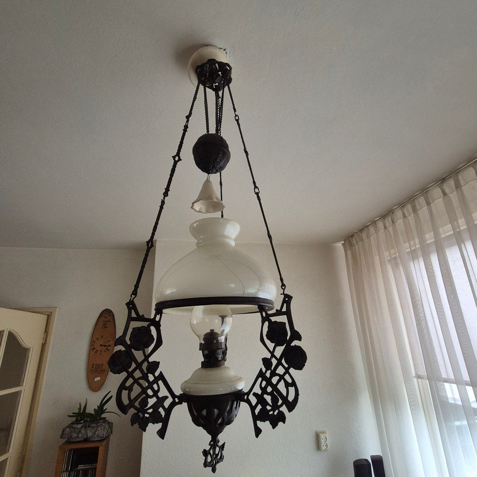 antieke olielamp compleet met lont, kap is hersteld, Huis en Inrichting, Ophalen, Zo goed als nieuw, Antiek