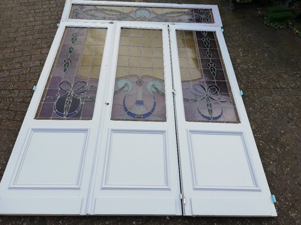 295 hoog 221/225,5 cm breed prachtige glas in lood deuren, Ophalen, Gebruikt, Binnendeur, Vouwdeur