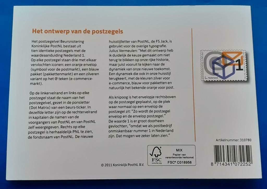 Postzegelmapje 437C - Beursnotering Koninklijke PostNL 2011, Verzenden, Na 1940, Postfris