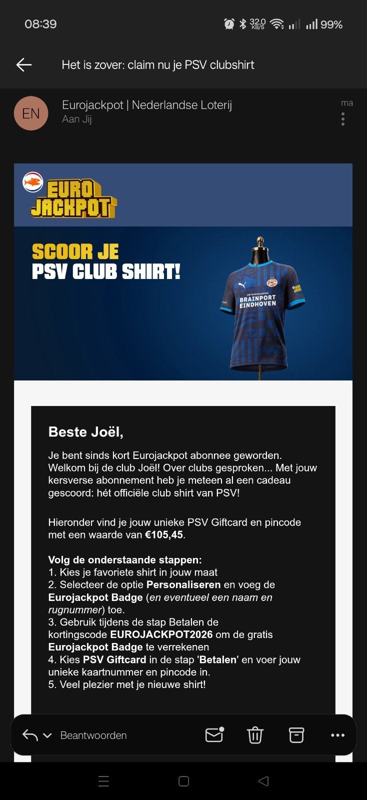 Cadeaukaart psv fan shop ter waarde van 105 euro., Ophalen, Nieuw, Overige typen