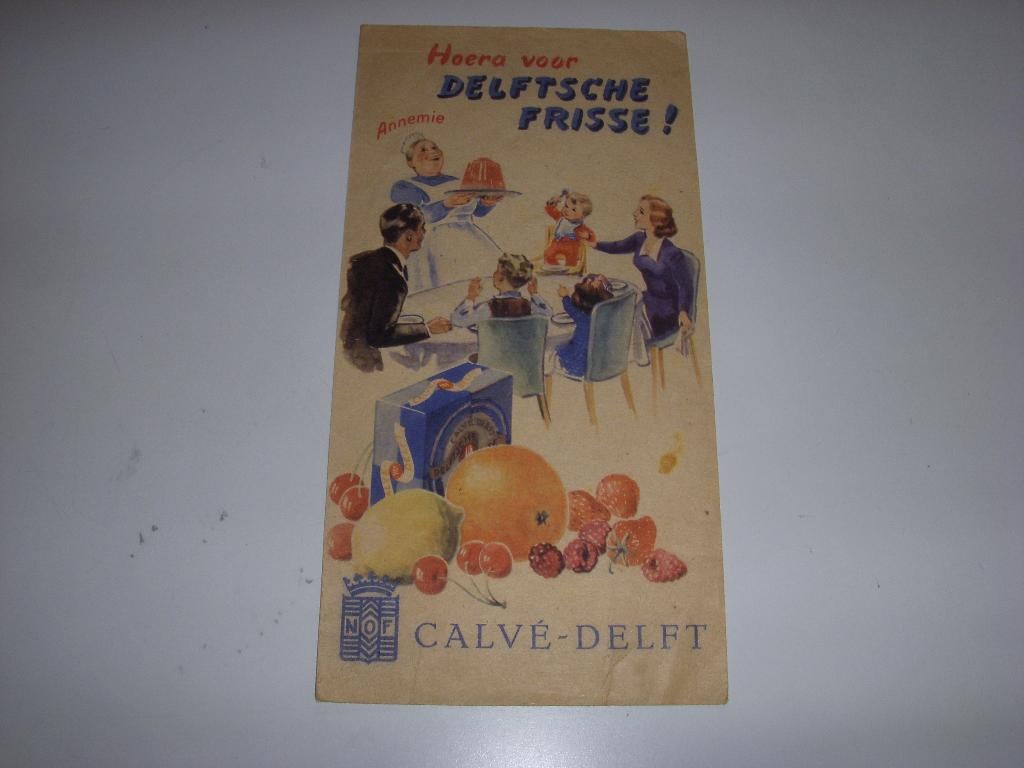 Folder/flyer Hoera voor Delftsche frisse ! Calvé jaren 30, Gelezen, Folder, Ophalen of Verzenden, Calvé Delft
