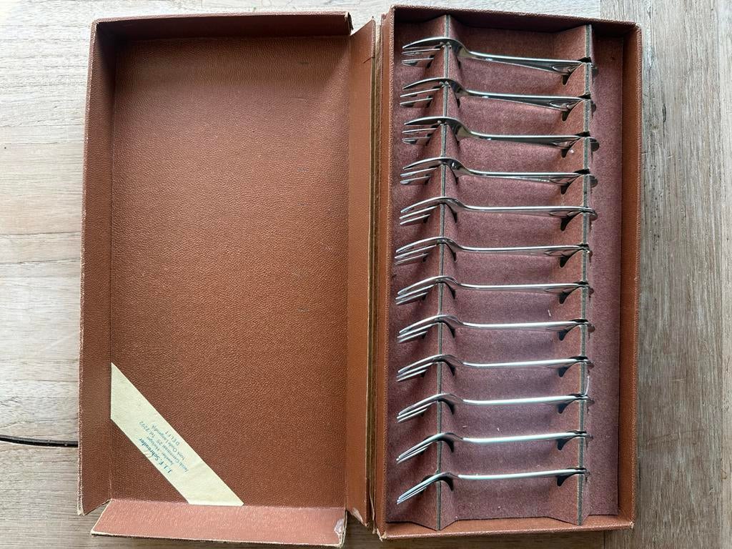 Set van 12 vintage gebaksvorkjes in originele doos, Ophalen of Verzenden