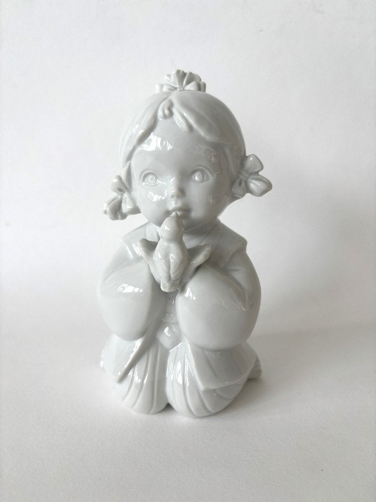 Vintage Japans Toyo keramiek beeld knielend meisje met vogel, Verzamelen, Ophalen of Verzenden, Zo goed als nieuw, Mens