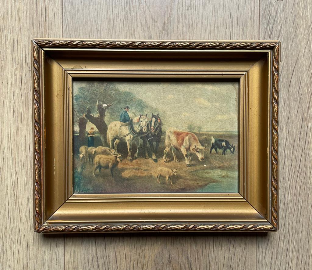 Klein goudkleurig lijstje met prent van paarden en koeien, Antiek en Kunst, Ophalen of Verzenden