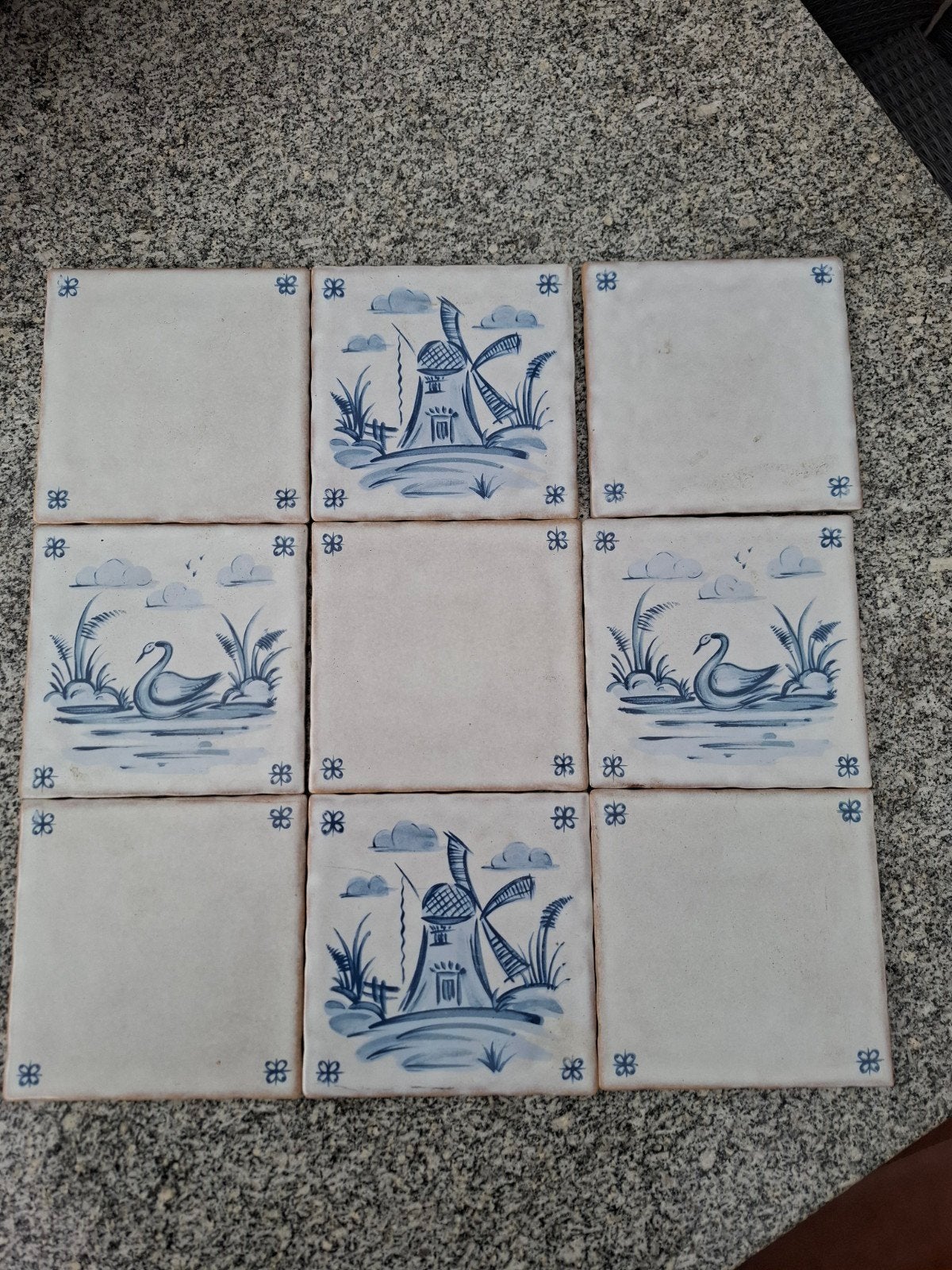 Set van 9 Delfts Blauwe Tegels met Molens en Zwanen, Antiek en Kunst, Antiek | Wandborden en Tegels, Ophalen of Verzenden