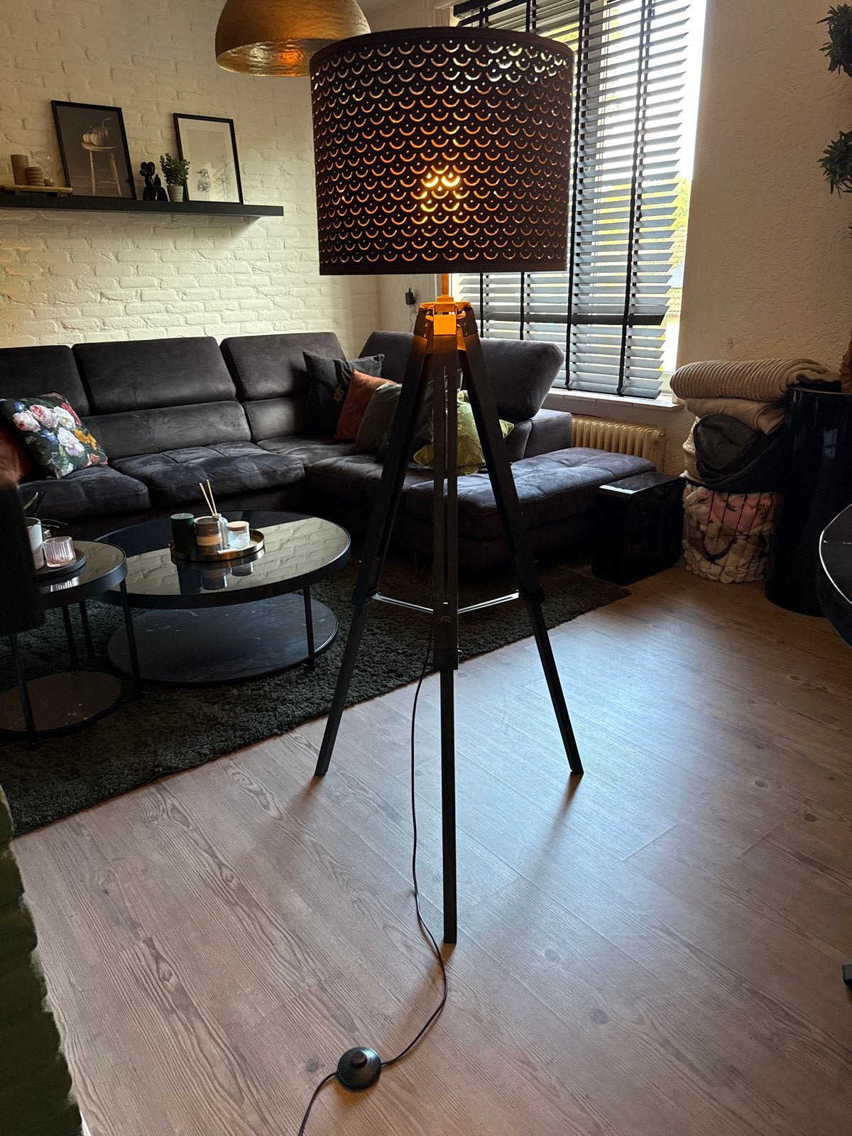 Stijlvolle vloerlamp met unieke kap, Huis en Inrichting, Ophalen, Gebruikt, E27 (groot), Metaal