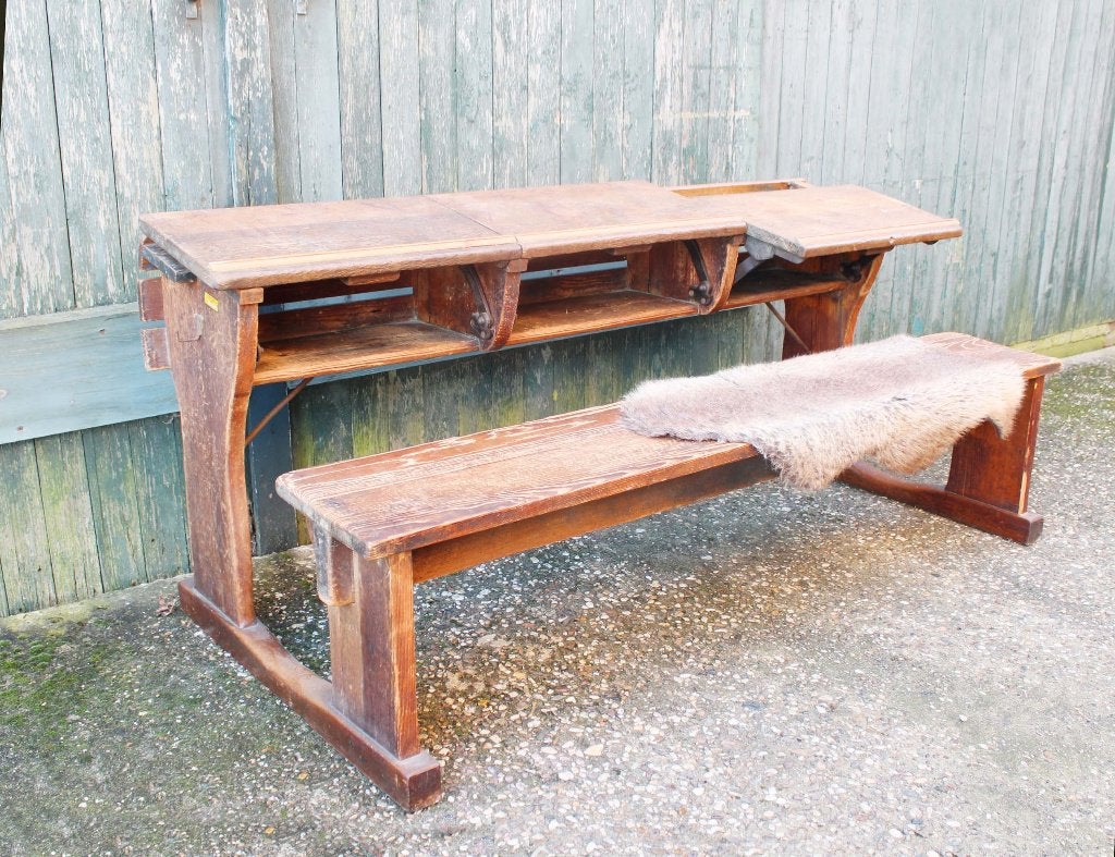 Antieke schoolbank voor 3. Houten vintage lessenaar, bankje, Ophalen
