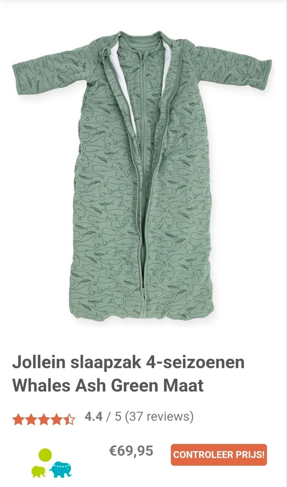 Jollein slaapzak 4-seizoenen Whales Ash Green Maat

110, Ophalen, Slaapzak, Jollein