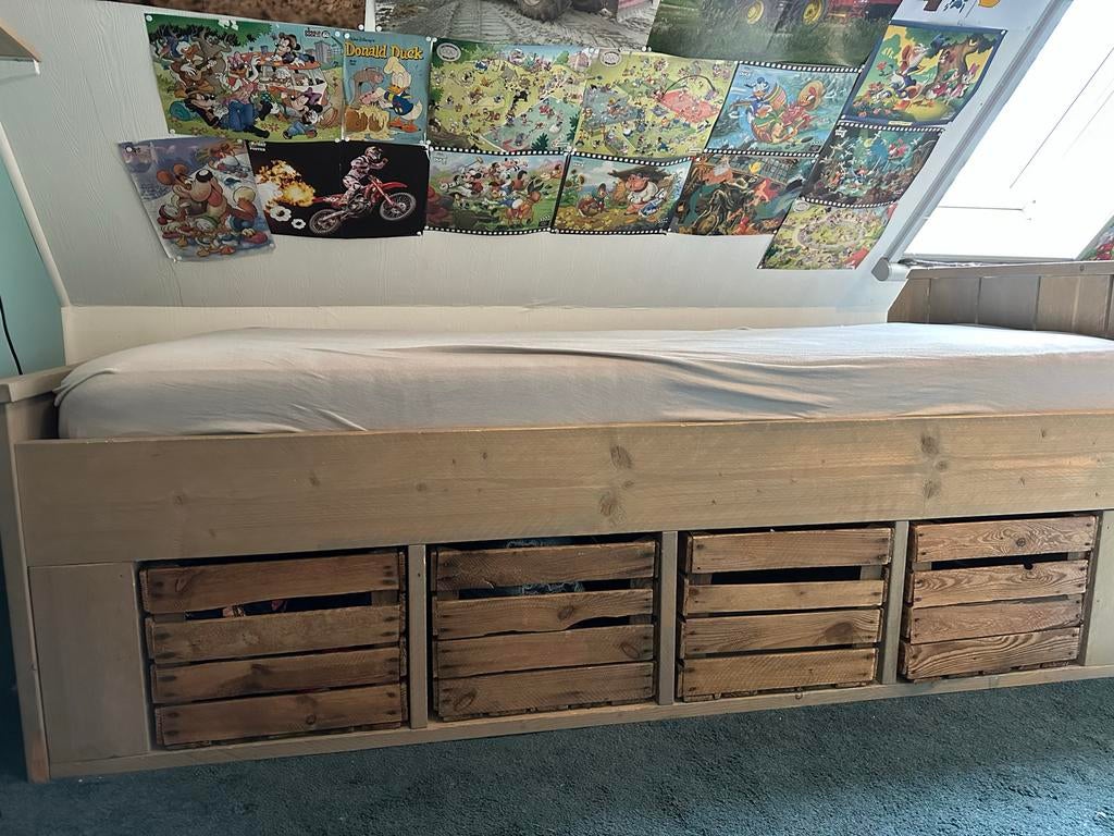 Steigerhouten bed 200x90 - Degelijke Kwaliteit, Ophalen, Gebruikt, 90 cm, Eenpersoons