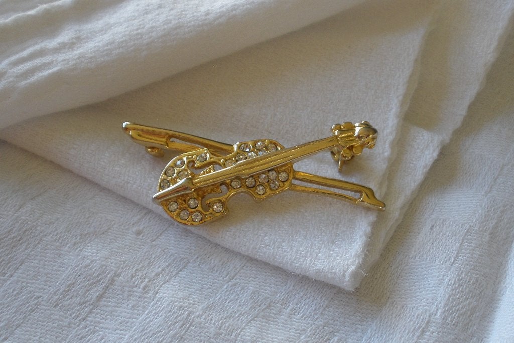Vintage broche viool met glimmers, Sieraden, Tassen en Uiterlijk, Overige materialen, 4 tot 7 cm, Ophalen of Verzenden, Zo goed als nieuw