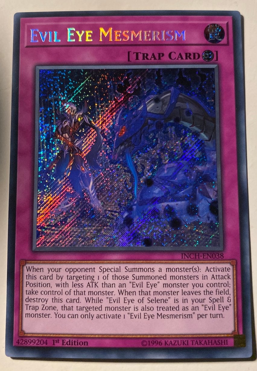Yu-Gi-Oh! Evil Eye Mesmerism INCH 1st Edition !, Ophalen of Verzenden, Zo goed als nieuw, Losse kaart, Foil