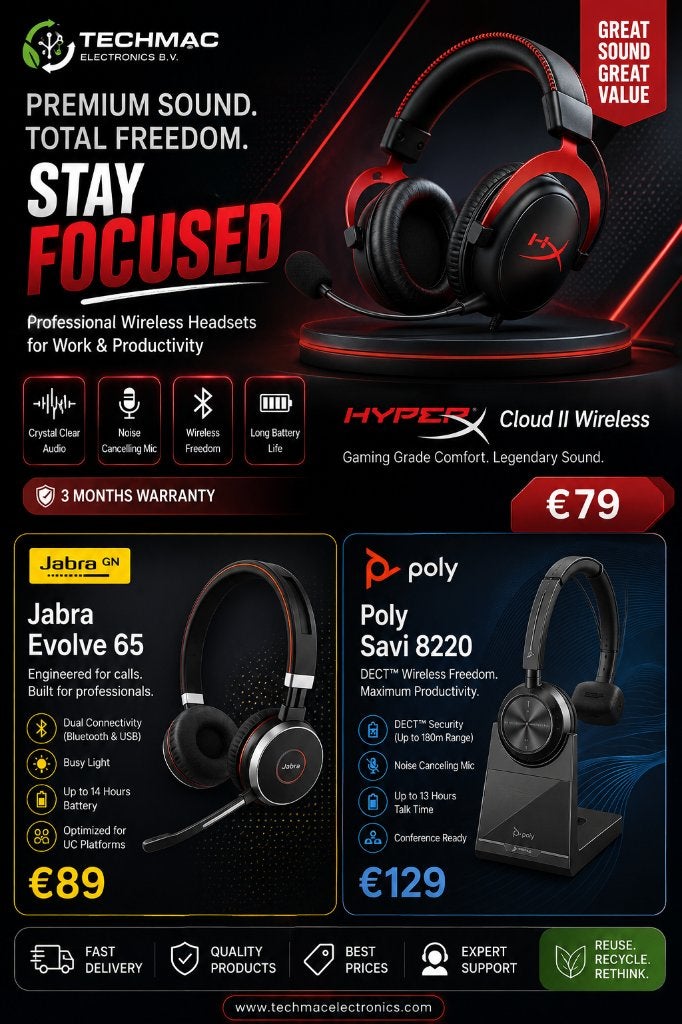 Wireless Headsets– HyperX, Jabra Evolve 65 & Poly Savi 8220, Overige merken, Ophalen of Verzenden, Zo goed als nieuw, Headset