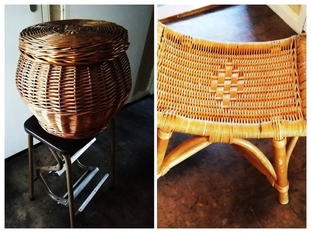 Retro grote rieten opbergmand naai poef krukje vintage, Ophalen