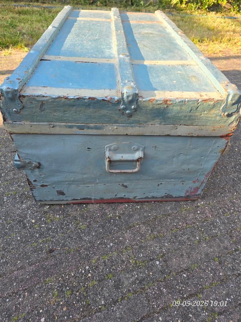 Vintage houten kist - Blauw/beige, Gebruikt, 50 tot 100 cm, Ophalen of Verzenden, Minder dan 50 cm