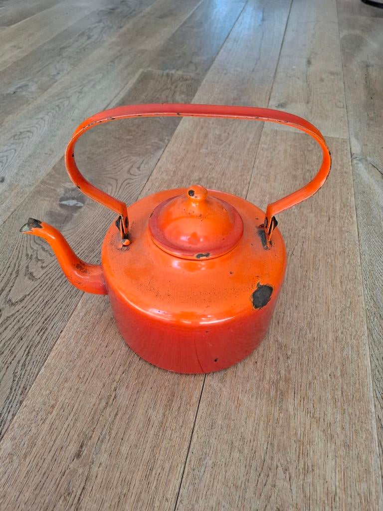 Vintage Oranje Emaille Theeketel - Gebruikt, Ophalen