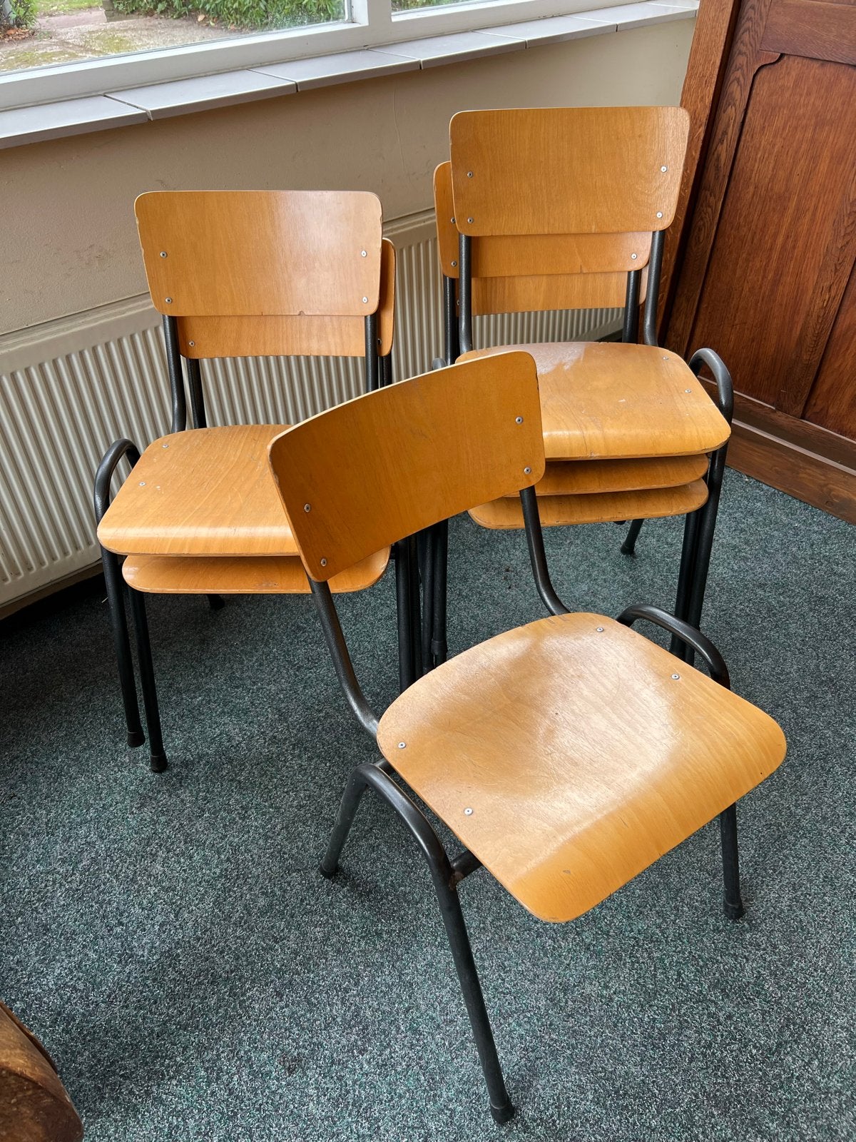 6x Vintage schoolstoelen - Hout en metaal, Ophalen, Gebruikt, Overige kleuren, Vijf, Zes of meer stoelen