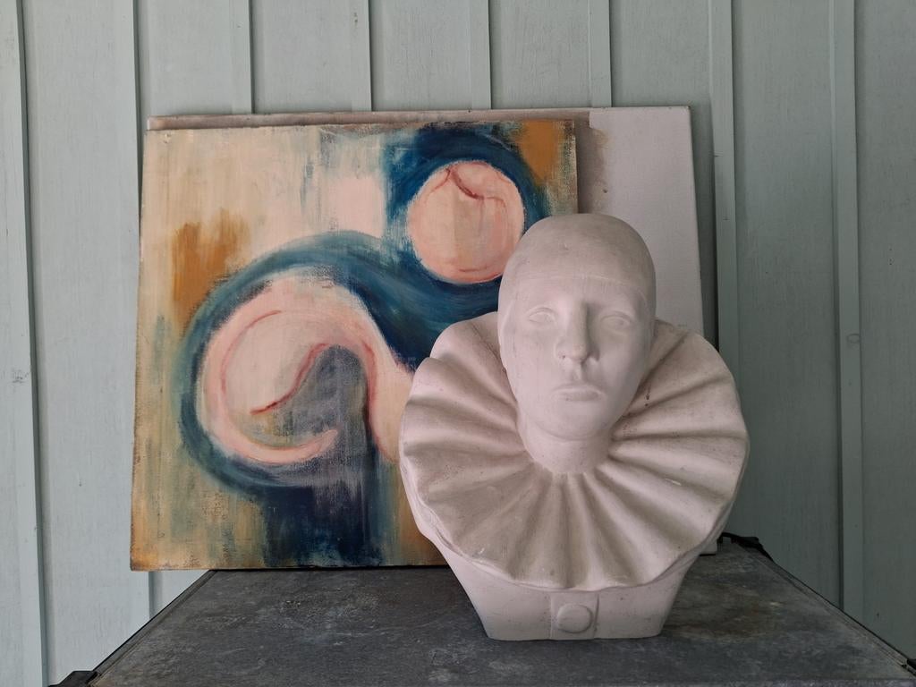 Aardewerken beeld Pierrot buste vintage jaren 70 wit clown, Ophalen, Beeld, 20 - 50 cm, Vrouw
